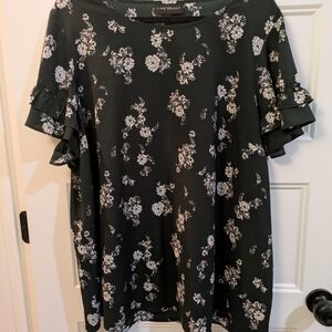 Lane Bryant Dark Green, Floral Blouse with Double Ruffle Sleeves